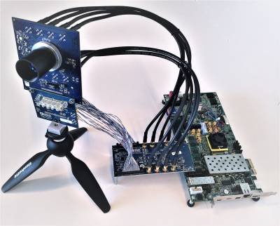 Complete system assembled including additional optics and FPGA board