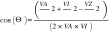 cos(Θ) = (VA/\2 + VI/\2 – VZ/\2)/ (2 * VA * VI)