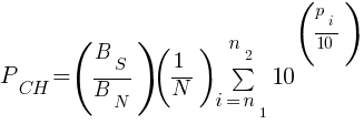 P_CH = {(B_S/B_N)(1/N)sum{i=n_1}{n_2} 10^(p_i/10)}