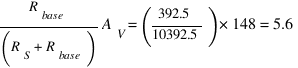 R_base / (R_S + R_base ) A_V = (392.5/10392.5) * 148 = 5.6
