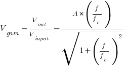 V_gain = V_out/V_input = A*(f/f_c)/sqrt{1 + (f/f_c)^2}