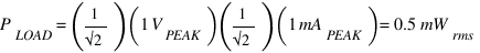 P_LOAD = (1/√2)({1 V_PEAK})(1/√2)({1 mA_PEAK}) = 0.5 mW_rms